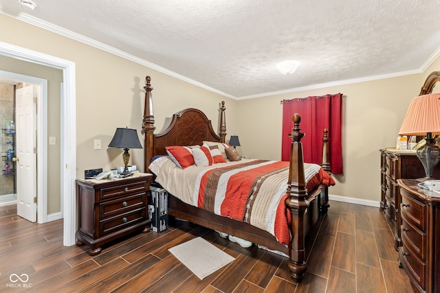 bedroom featuring dark wood-type flooring, a textured ceiling, and ornamental molding