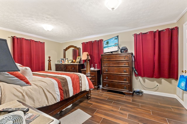 bedroom with crown molding, a textured ceiling, and dark wood-type flooring