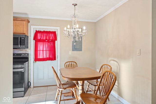 tiled dining area with ornamental molding and a notable chandelier