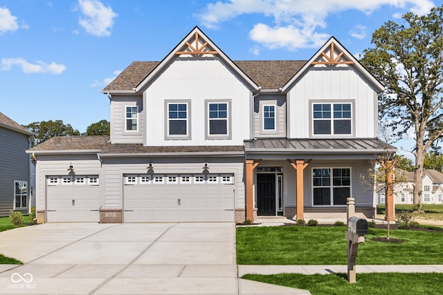 view of front of home with a porch, a front yard, and a garage