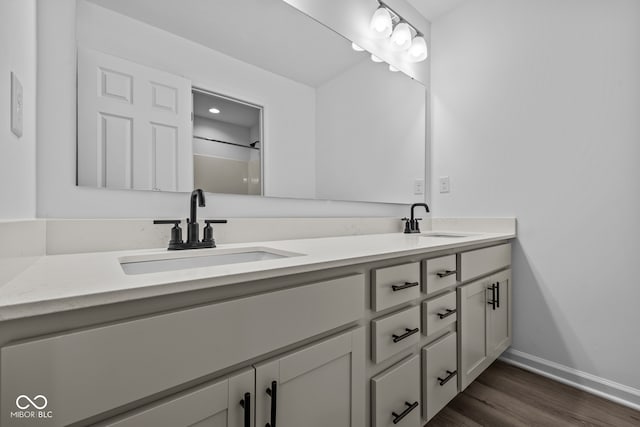 bathroom with vanity and wood-type flooring