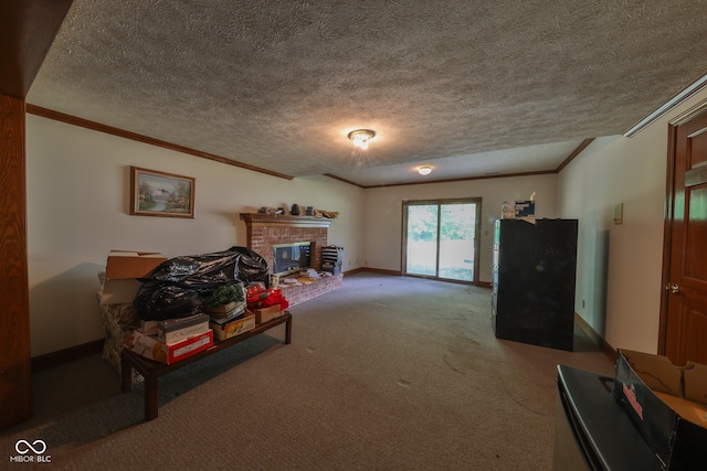 miscellaneous room with a brick fireplace, ornamental molding, a textured ceiling, and carpet flooring