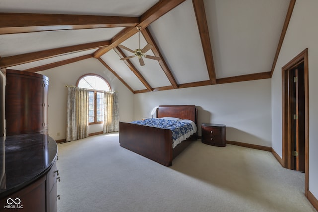 unfurnished bedroom with light colored carpet, beamed ceiling, and high vaulted ceiling