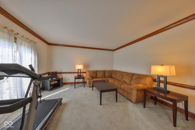 living room with ornamental molding and light colored carpet