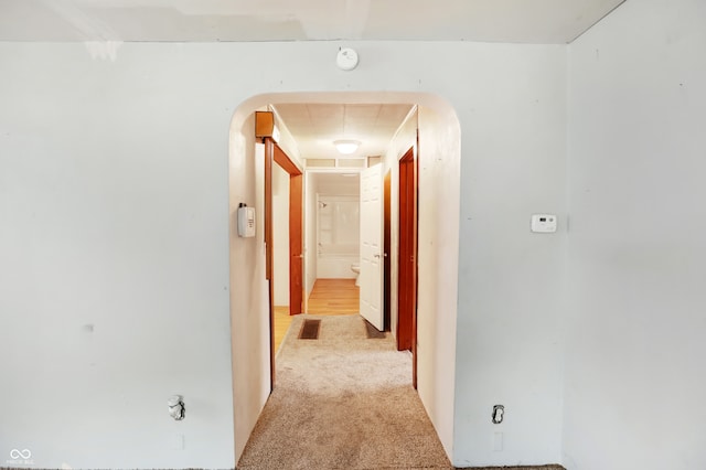 corridor with light colored carpet