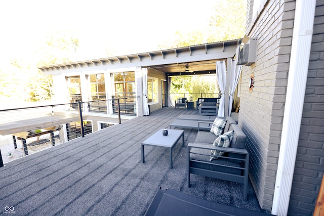 wooden deck featuring an AC wall unit and ceiling fan