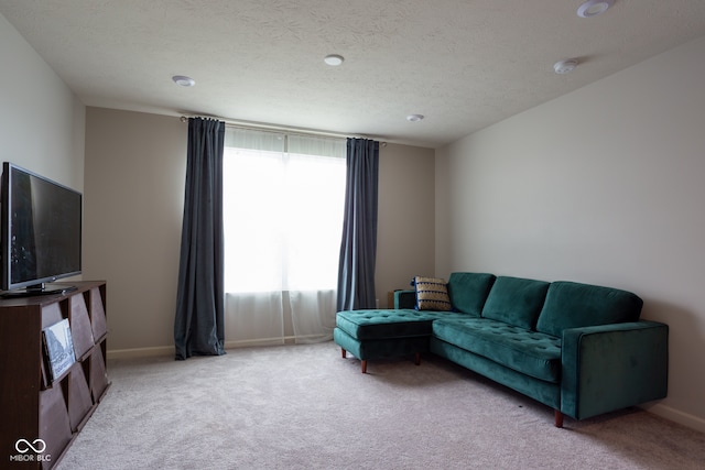 carpeted living room with a textured ceiling