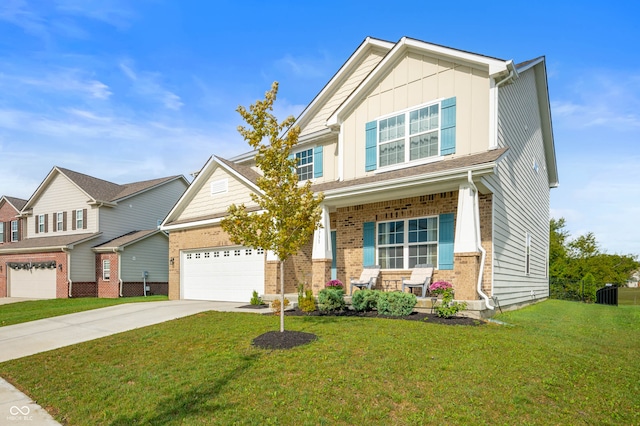 craftsman-style home featuring a garage, central AC unit, and a front yard