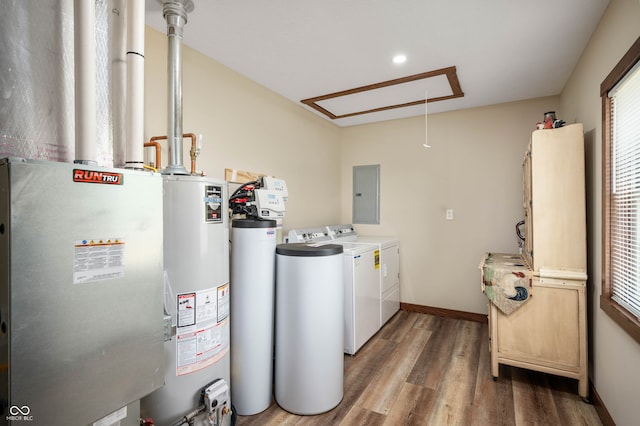 utilities featuring water heater, washing machine and dryer, and electric panel