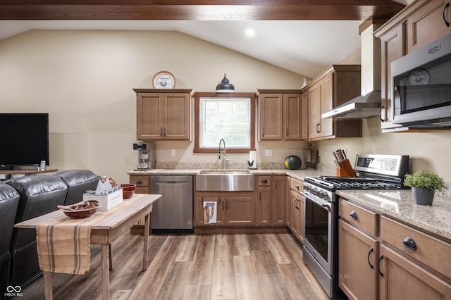 kitchen featuring vaulted ceiling, wall chimney exhaust hood, stainless steel appliances, wood-type flooring, and sink