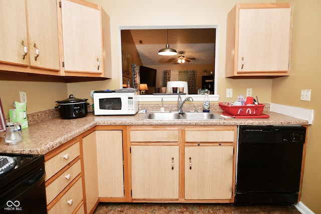 kitchen with sink, hanging light fixtures, black appliances, light brown cabinets, and ceiling fan