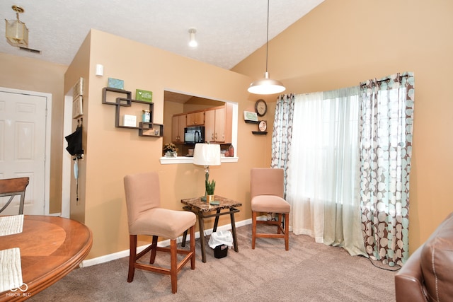 sitting room featuring light carpet, vaulted ceiling, and a textured ceiling