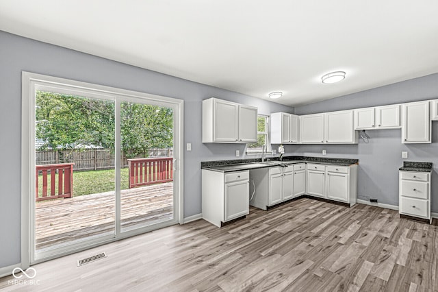 kitchen with light hardwood / wood-style flooring, white cabinetry, and a wealth of natural light