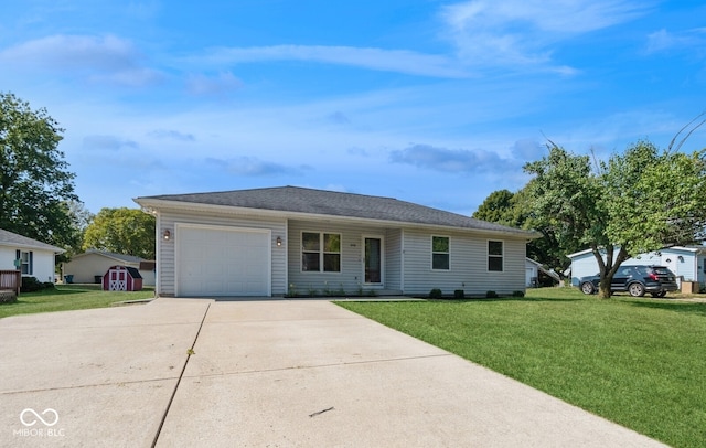 ranch-style home featuring a garage and a front lawn