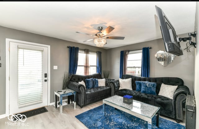 living room with ceiling fan and hardwood / wood-style flooring