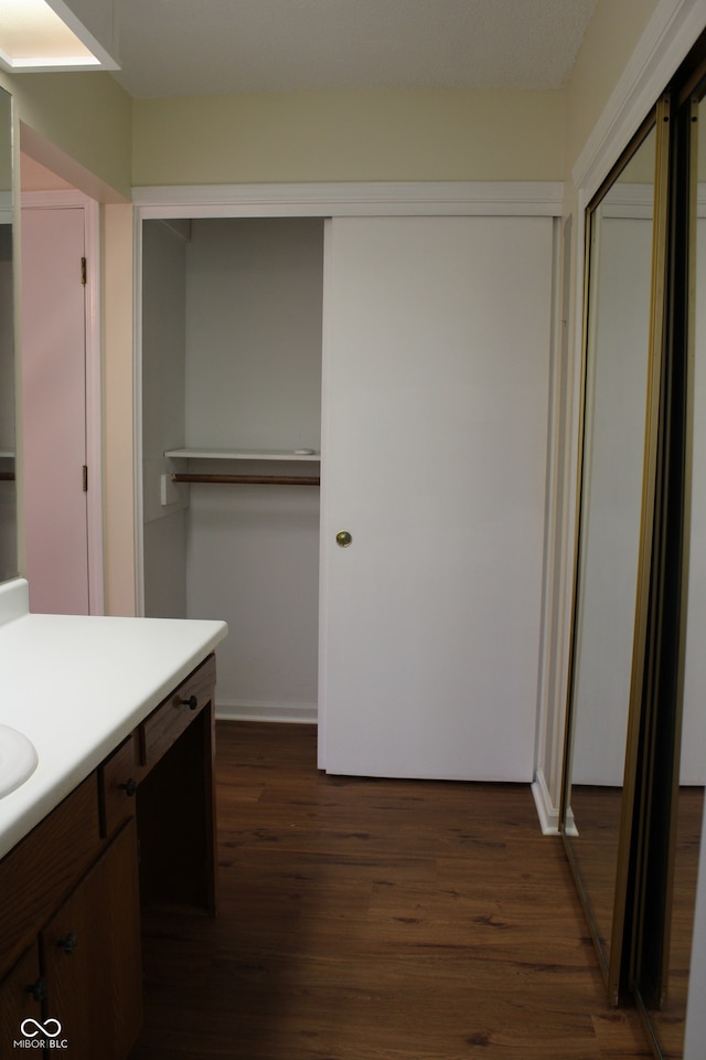 bathroom with hardwood / wood-style flooring and vanity