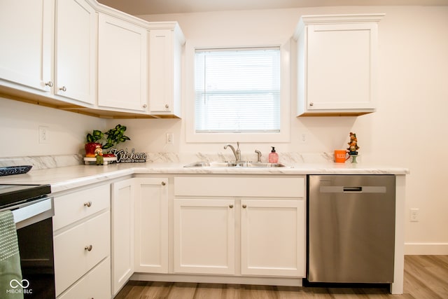 kitchen with electric range, dishwasher, sink, light hardwood / wood-style floors, and white cabinets