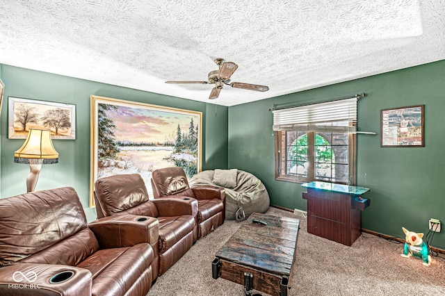 carpeted living room featuring a textured ceiling and ceiling fan