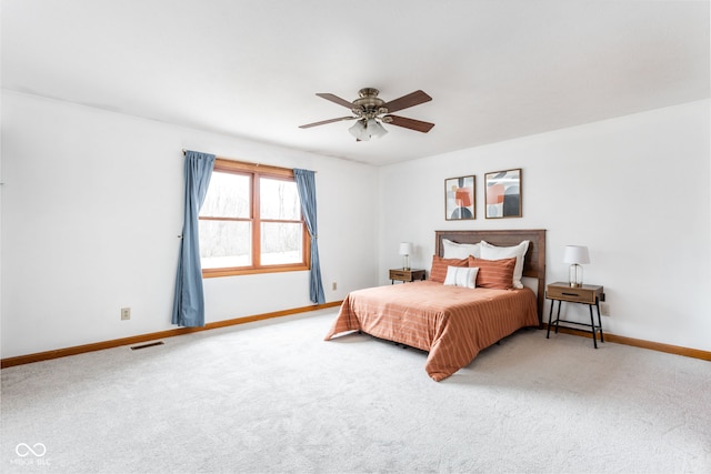 bedroom with ceiling fan and carpet