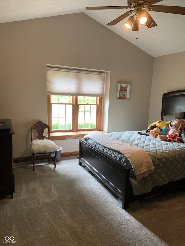 466 Sycamore Ridge Ct, Avon, IN 46123 - bedroom with carpet floors, lofted ceiling, baseboards, and a ceiling fan