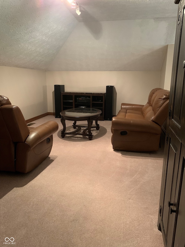 living area with light carpet, lofted ceiling, and a textured ceiling