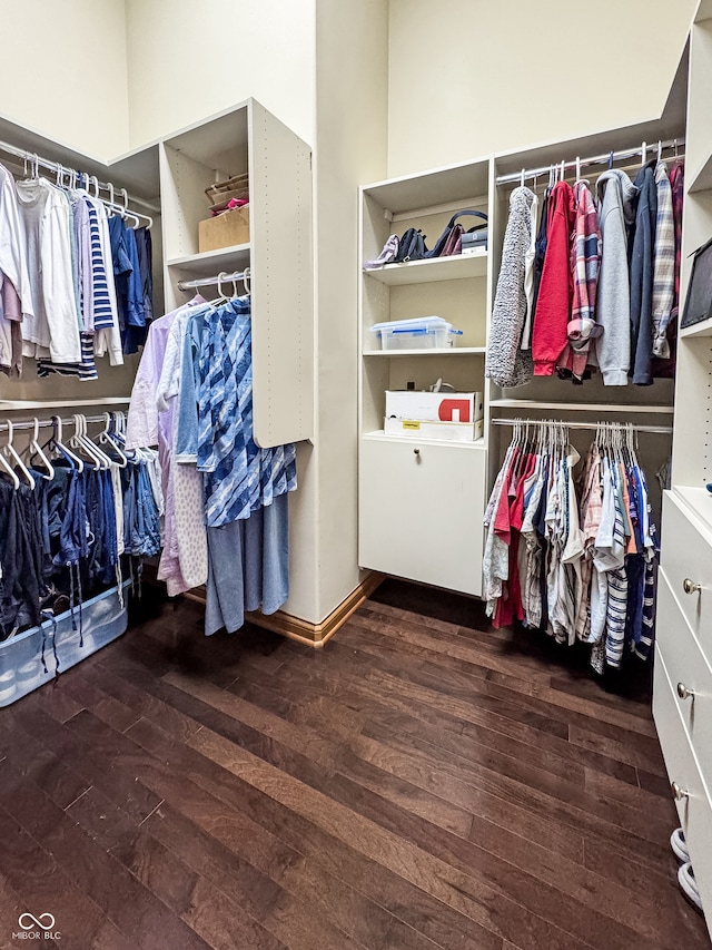 walk in closet with dark wood-type flooring