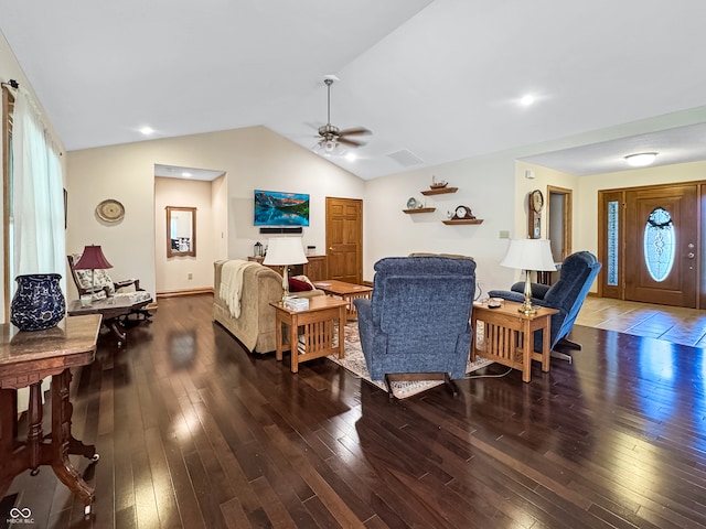 living room with ceiling fan, lofted ceiling, and dark hardwood / wood-style floors