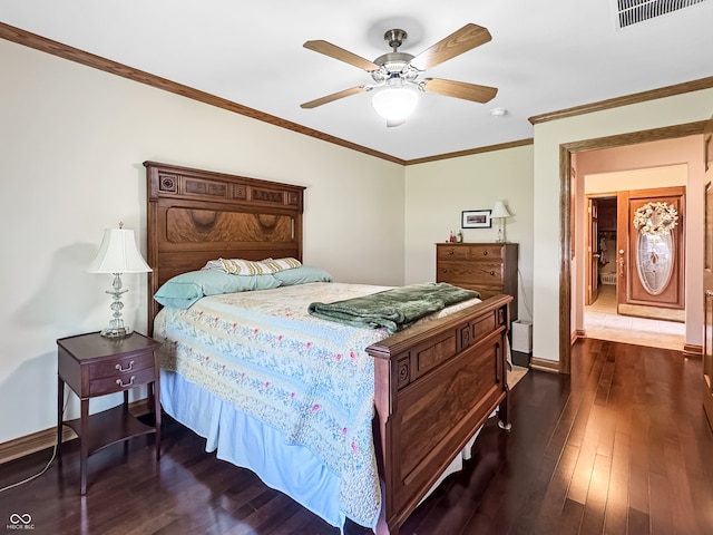 bedroom with ceiling fan, dark wood-type flooring, and ornamental molding