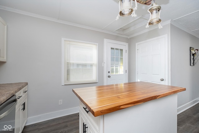 kitchen with white cabinets, ornamental molding, dishwasher, dark hardwood / wood-style floors, and wooden counters