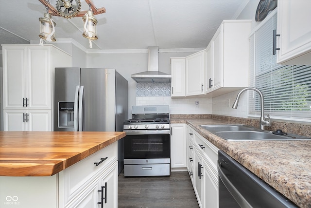 kitchen featuring wall chimney range hood, backsplash, appliances with stainless steel finishes, white cabinetry, and sink