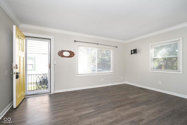 interior space featuring ornamental molding, dark hardwood / wood-style flooring, and plenty of natural light