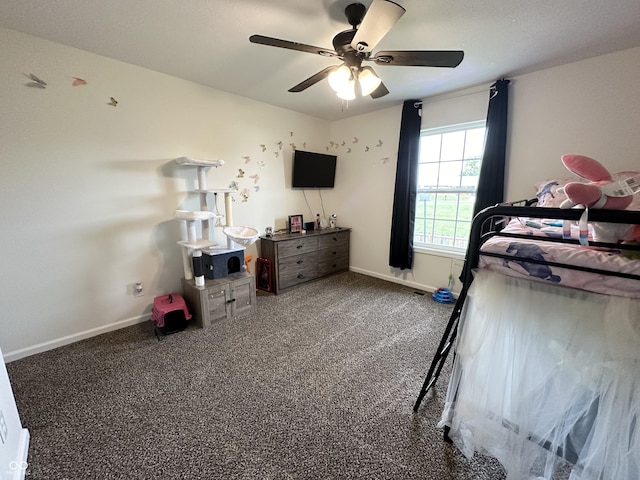 bedroom featuring baseboards, carpet floors, and ceiling fan