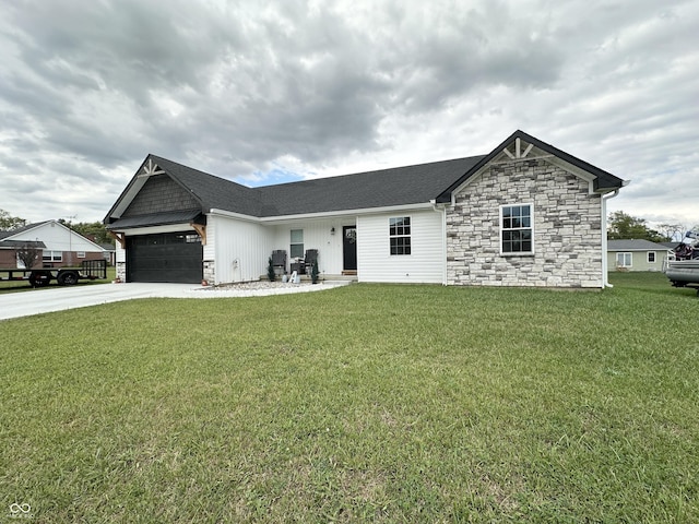 ranch-style house with a garage, driveway, stone siding, and a front lawn
