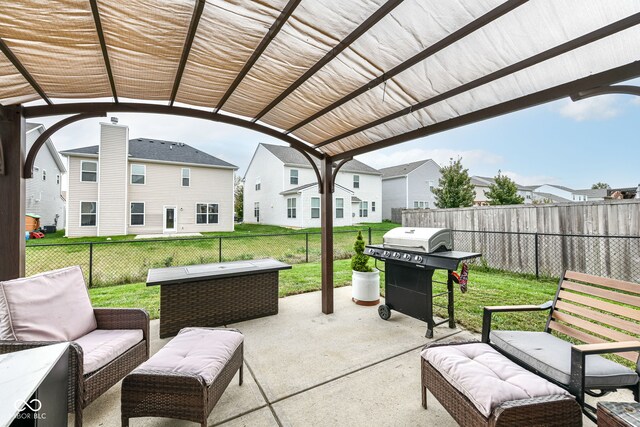 view of patio with an outdoor hangout area, a grill, and a pergola