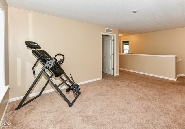 exercise room featuring light carpet