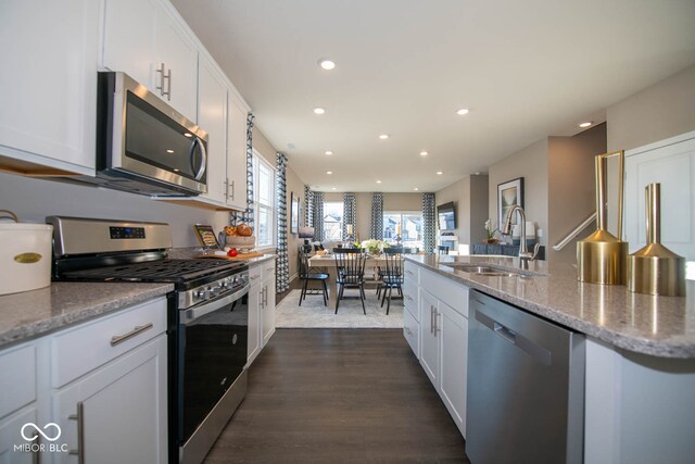 kitchen with dark hardwood / wood-style flooring, stainless steel appliances, white cabinetry, and sink