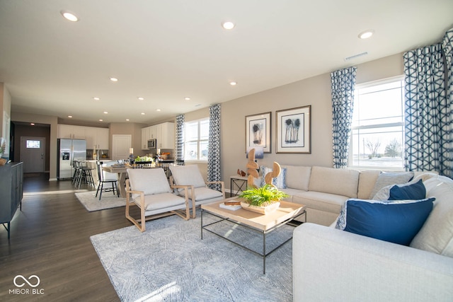 living room featuring dark wood-type flooring