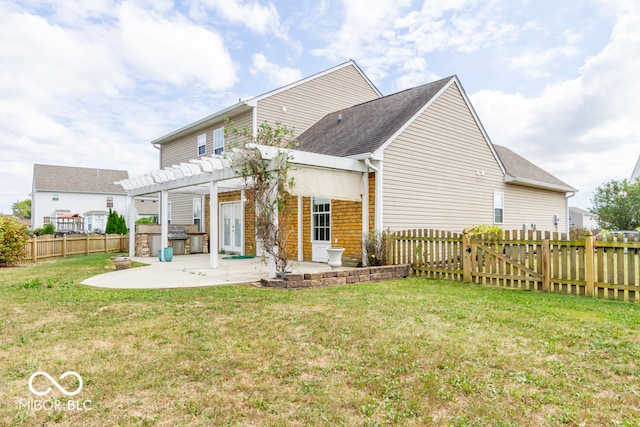 back of house with a lawn, a pergola, and a patio