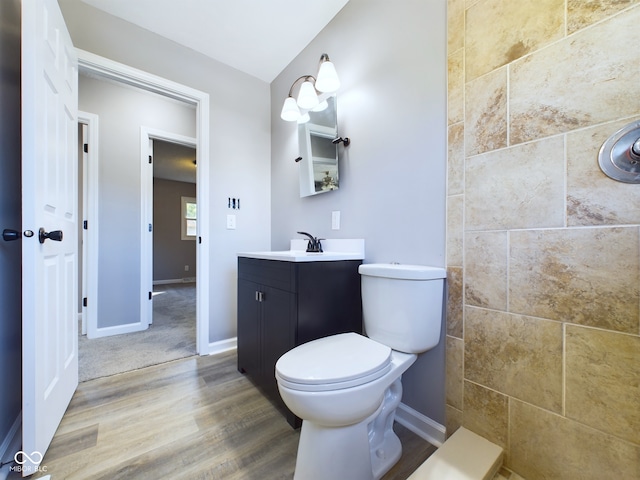 bathroom with wood-type flooring, vanity, and toilet