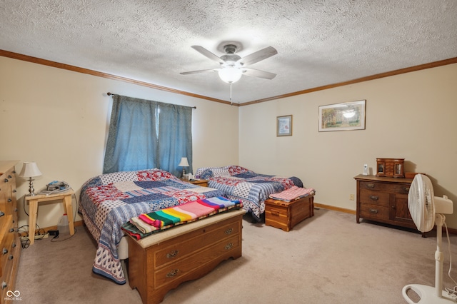 carpeted bedroom with a textured ceiling, crown molding, and ceiling fan