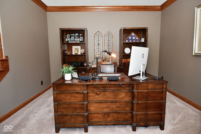 office space with light carpet and crown molding