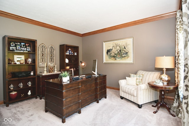 carpeted home office featuring ornamental molding