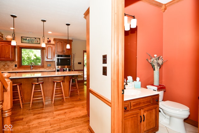 interior space with vanity, toilet, ornamental molding, backsplash, and hardwood / wood-style floors