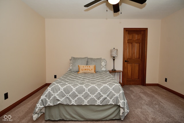 bedroom with ceiling fan and carpet flooring