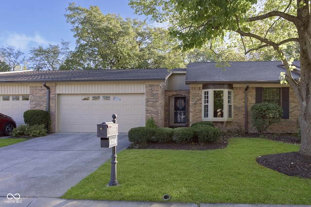 single story home with a front yard and a garage