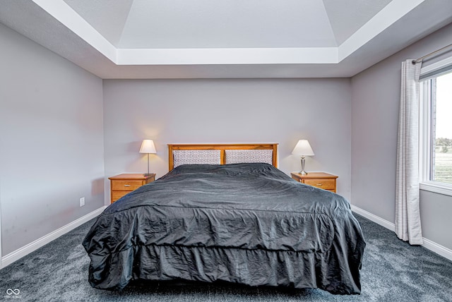 bedroom featuring a tray ceiling and dark colored carpet