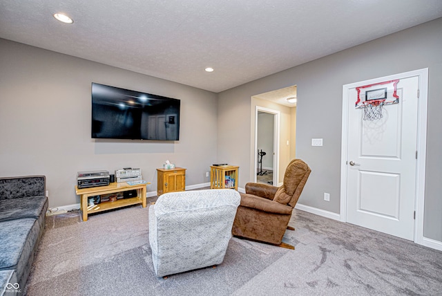 sitting room with carpet floors and a textured ceiling