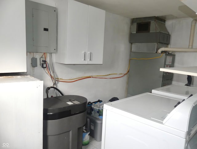 laundry area with electric panel, heating unit, and washing machine and clothes dryer