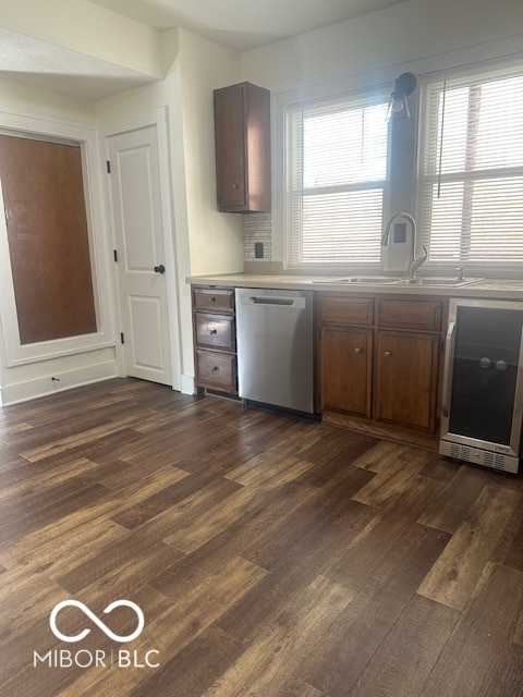 kitchen featuring dishwasher, plenty of natural light, dark wood-type flooring, and sink