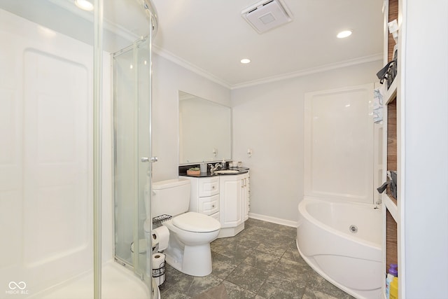 full bathroom with plus walk in shower, crown molding, vanity, and toilet